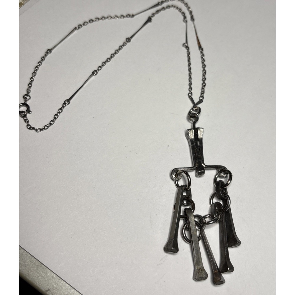 Modernist Brutalist Silver Tone Dangle Pendant Necklace Hammered Metal Vintage